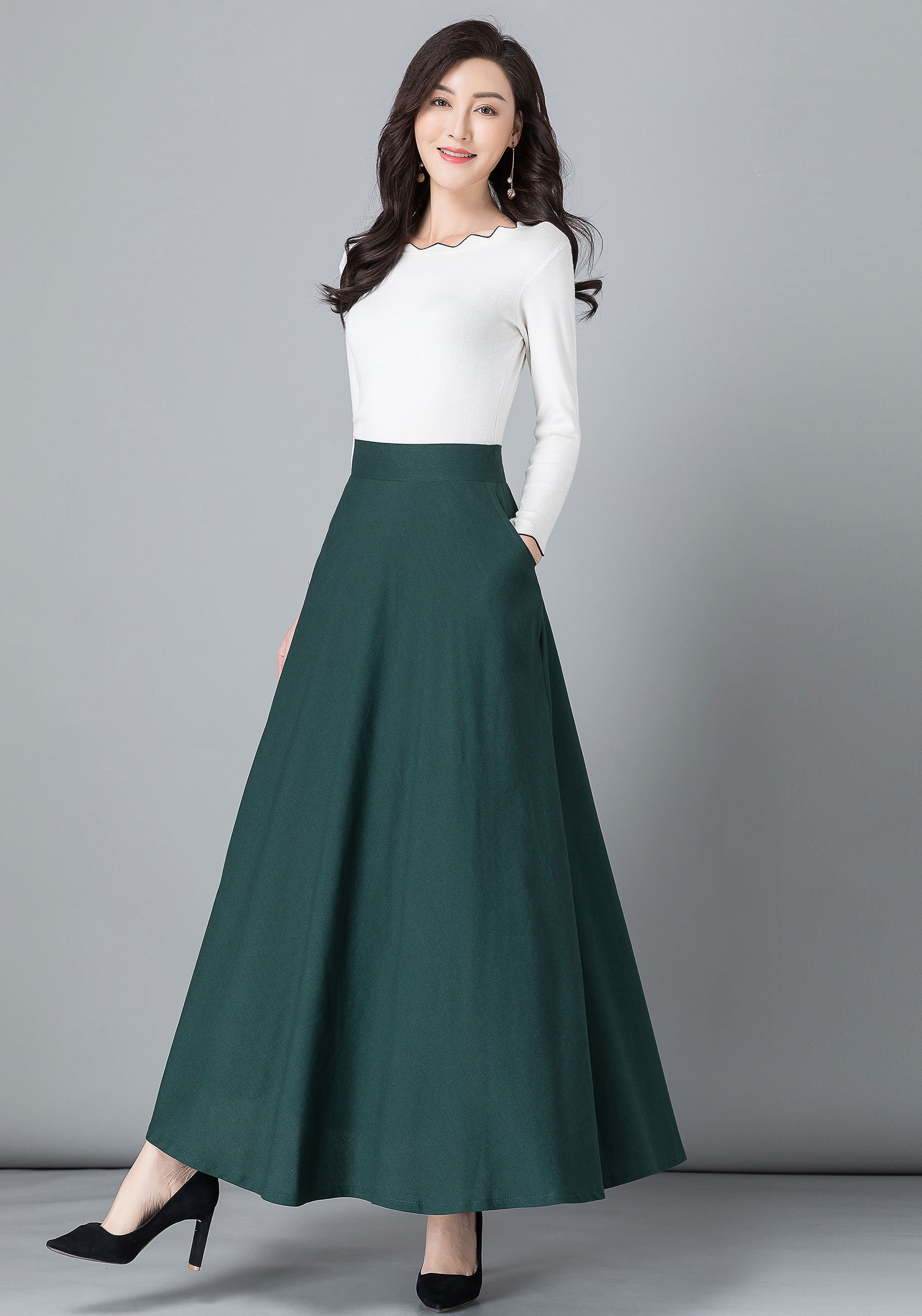 Green Linen Skirt Maxi Cotton Linen Skirt Elastic Waist | Etsy