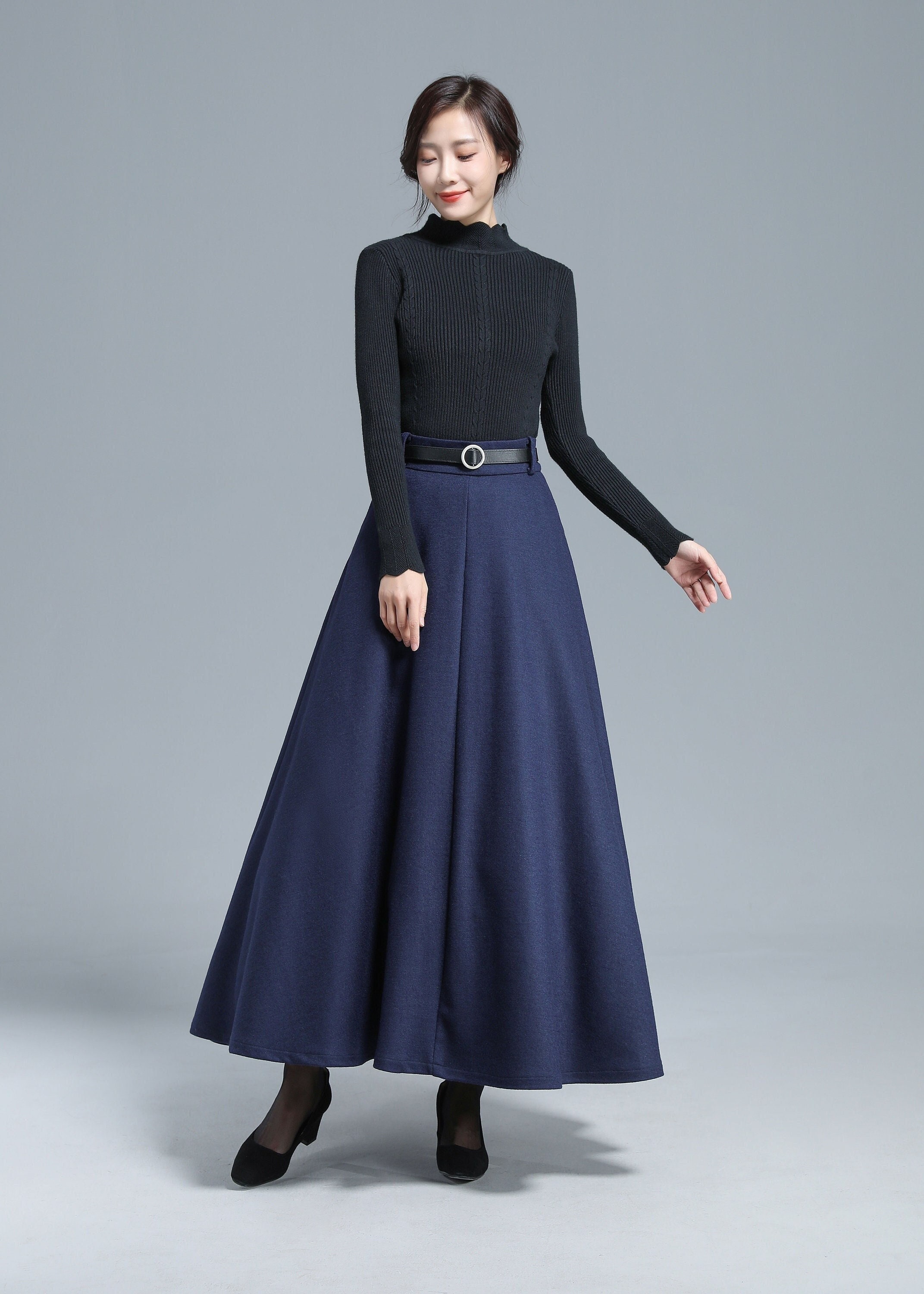 Winter Wool Maxi Skirt Women, Blue Long Wool Skirt, Full Swing