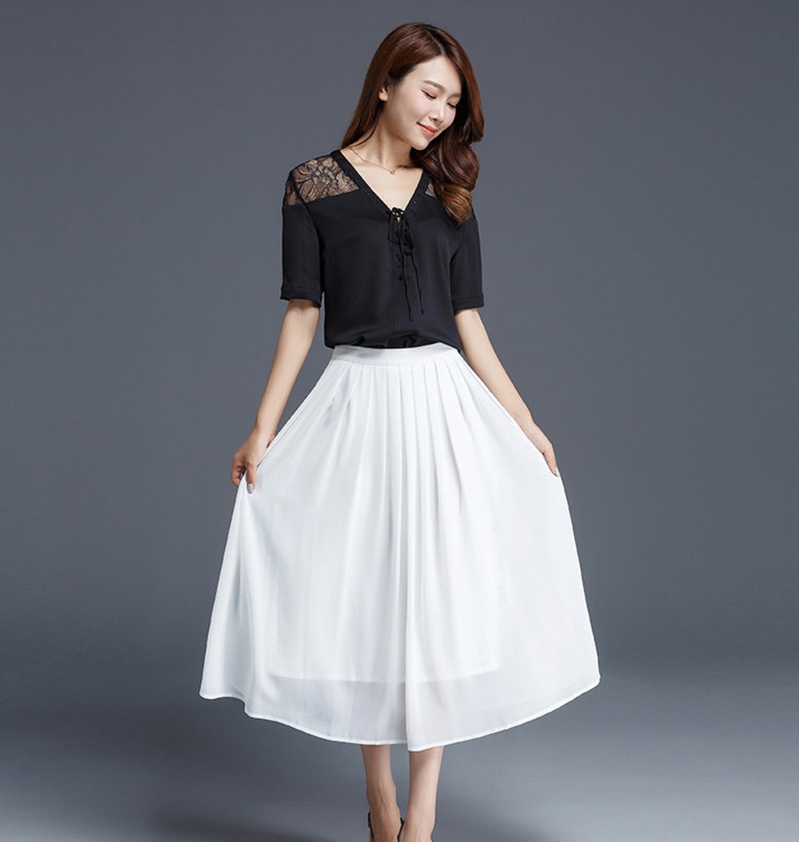 Women's White Chiffon Midi Skirt Soft Pleated Chiffon - Etsy