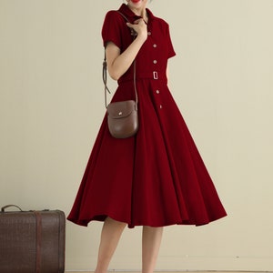 Vintage Inspired Swing Midi Dress Women, Fit and Flare Dress, 50s Work Dress, Short sleeve Button up Long Dress, Custom party dress 2318 6-burgundy