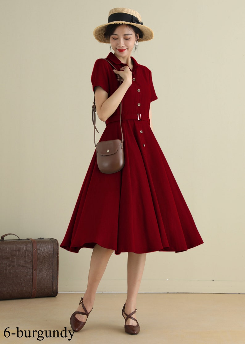 Vintage Inspired Swing Midi Dress Women, Fit and Flare Dress, 50s Work Dress, Short sleeve Button up Long Dress, Custom party dress 2318 6-burgundy