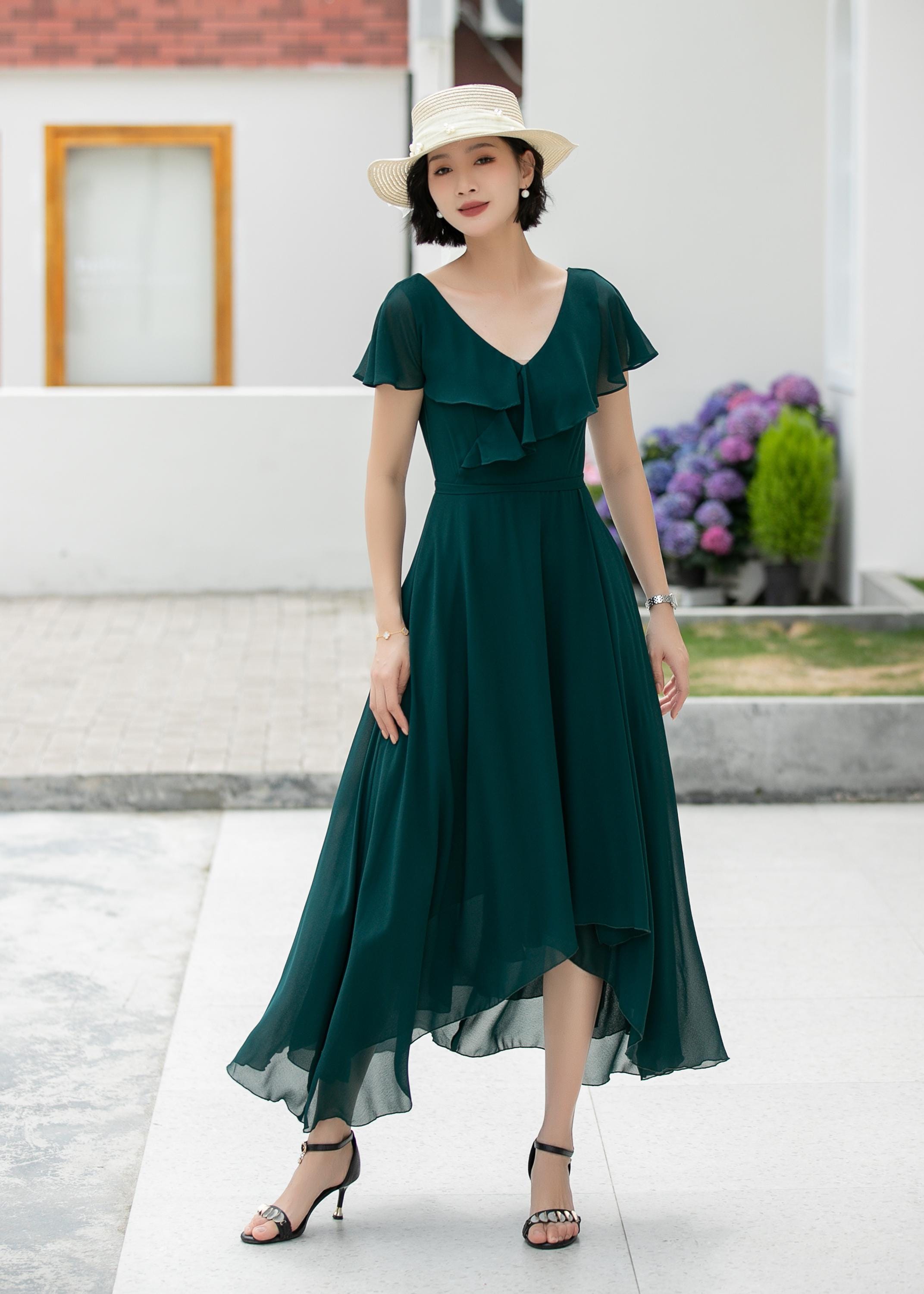 long sleeve midi dresses for women Mac Duggal - Blue Long Sleeve V-Neck Micro Ruffle Midi Dress