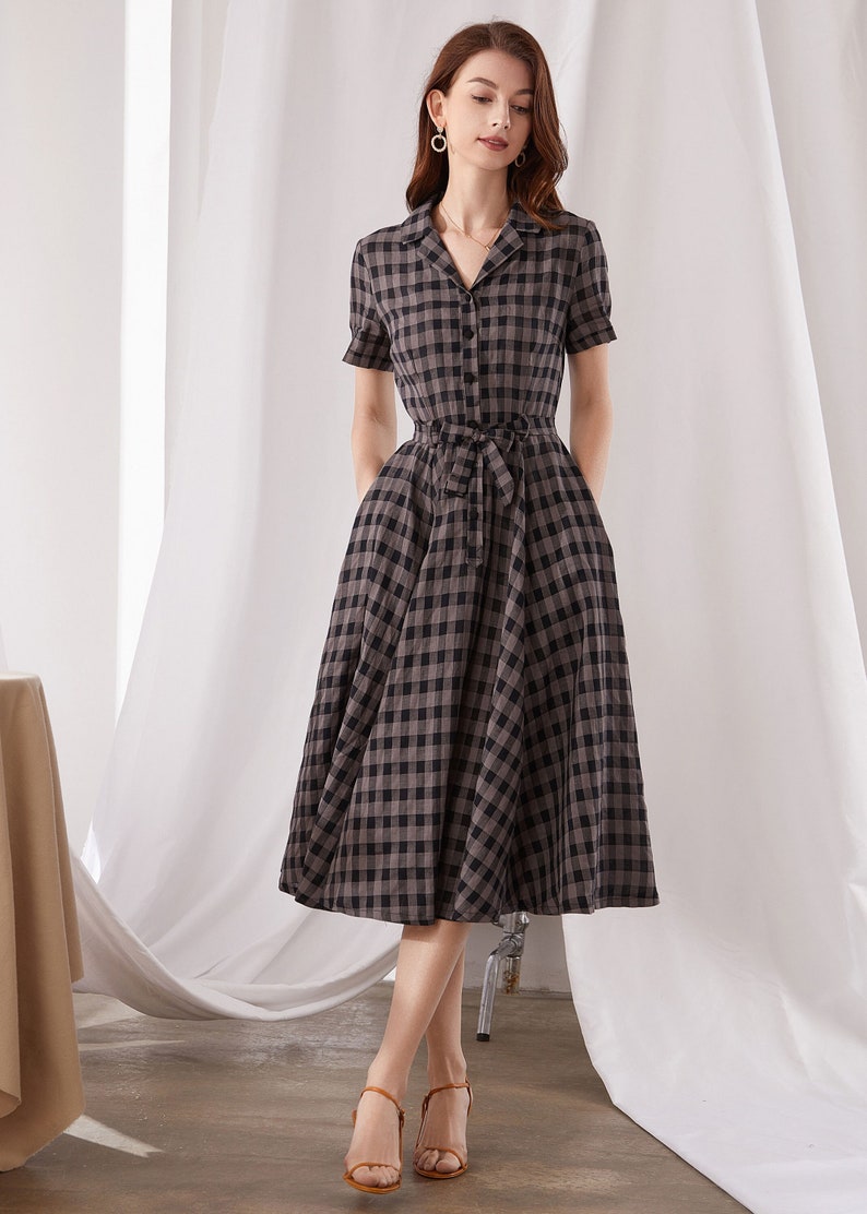 Checked Linen Shirt Dress, Women's Spring Summer Belted Shirtwaist Dress, Linen Midi Dress Women, Fit and Flare Dress, Xiaolizi 3377 image 2