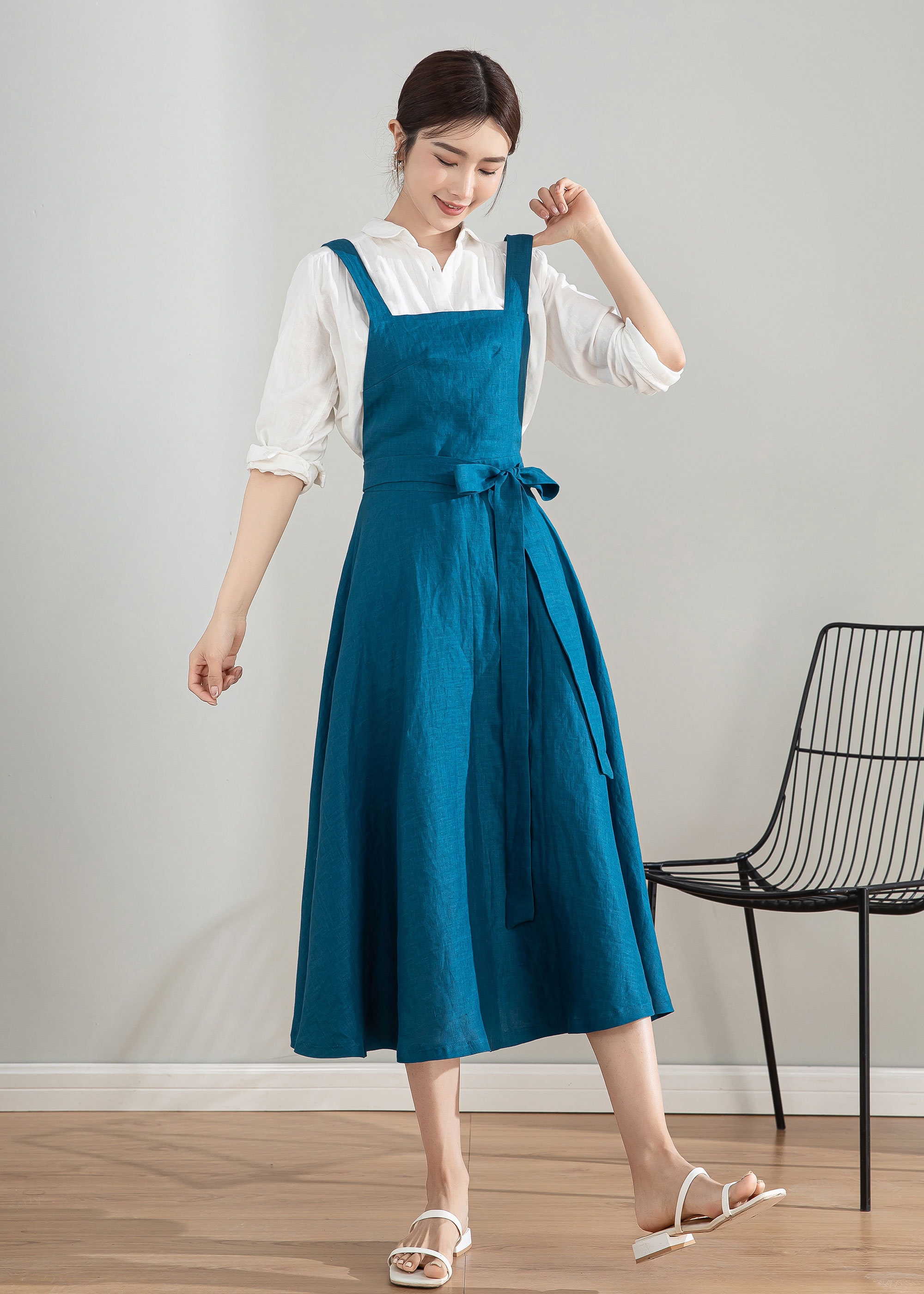 ハンドメイド❣️linenエプロン Linen Apron With Ruffles, Ruffled Linen Kitchen Dress