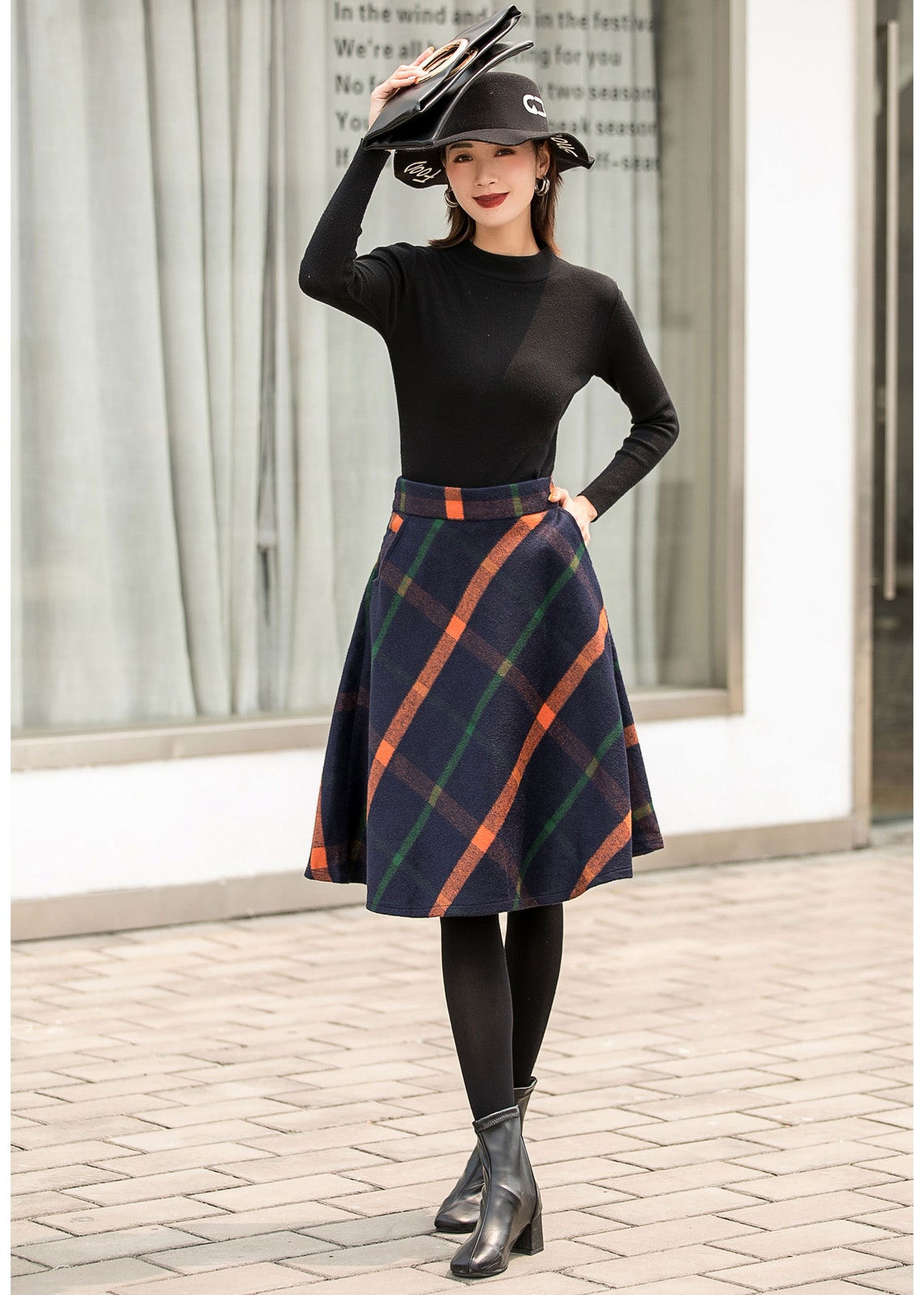 Knee Length Plaid Wool Skirt in Blue Winter/Autumn Wool Skirt Etsy