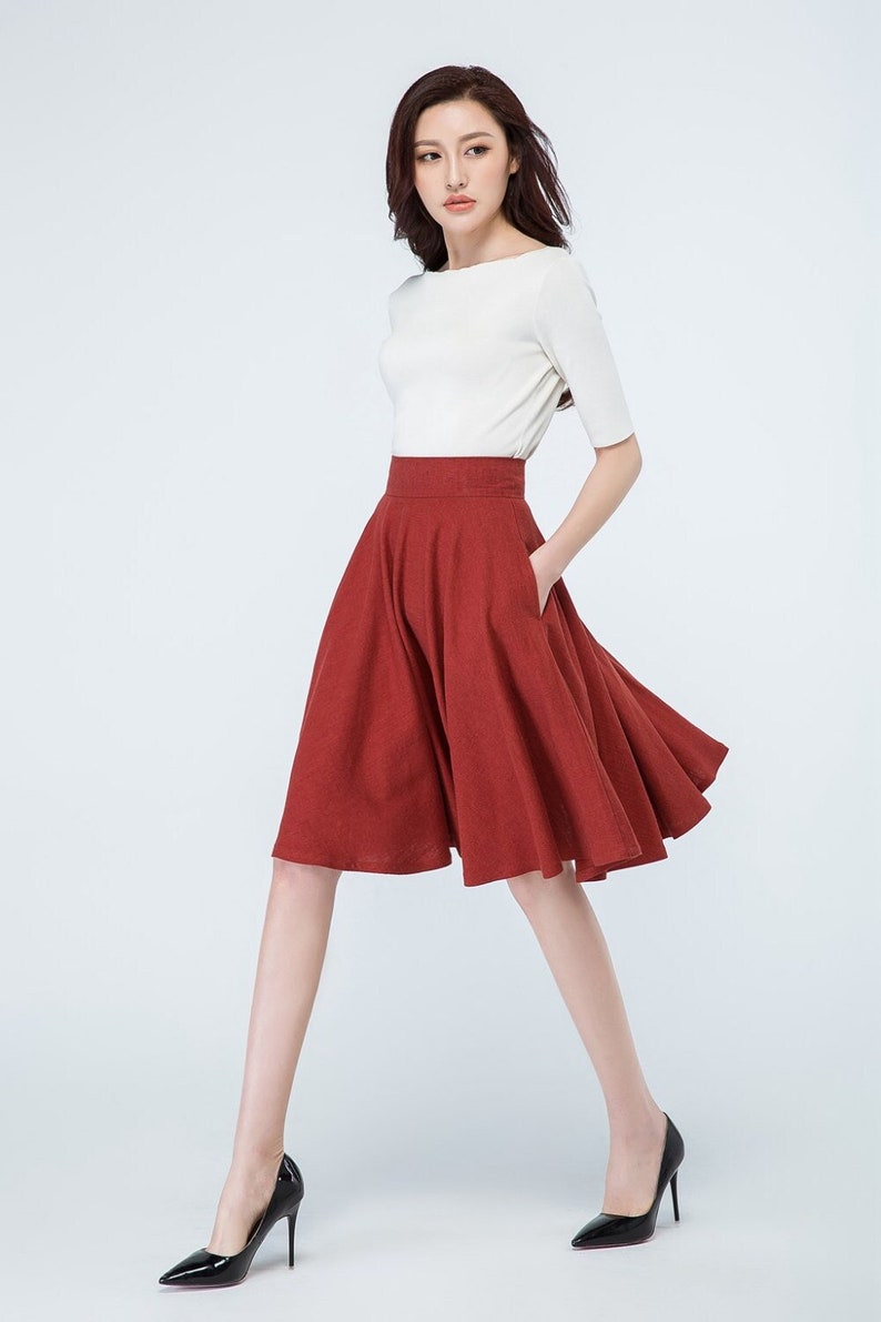 1950s Red Linen Full Circle Skirt, High Waisted Skater Skirt, A Line Midi skirt with Pockets, Flared Swing Skirt, Women's Pleated Skirt 1689 image 3