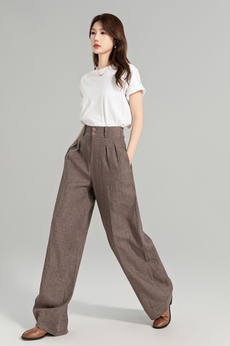 Leinenhose, Hose mit weitem Bein, lange Hose für Damen, Faltenhose, lange Hose mit Taschen, Plus Size verfügbar, individuelle Hose, Xiaolizi 4965 Bild 4