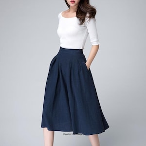 High Waist A Line pleated midi skirt, Women's swing vintage skirt with pockets, Linen midi skirt, Xiaolizi 1500 image 5