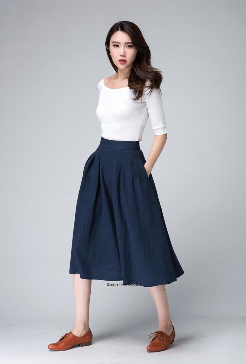 High Waist A Line pleated midi skirt, Women's swing vintage skirt with pockets, Linen midi skirt, Xiaolizi 1500 image 5