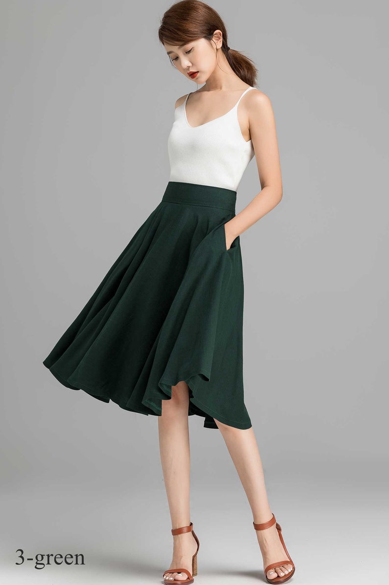 1950s Red Linen Full Circle Skirt, High Waisted Skater Skirt, A Line Midi skirt with Pockets, Flared Swing Skirt, Women's Pleated Skirt 1689 3-Green-2369