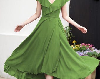 green emerald velvet dress Zapaka Women Dark Green V-Neck Waist Cut-Out Long Chiffon Bridesmaid Dress with Ruffles, Dark Green / US10