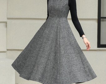 Vintage Inspired Wool Pinafore Dress: Grey Tweed A-line Midi