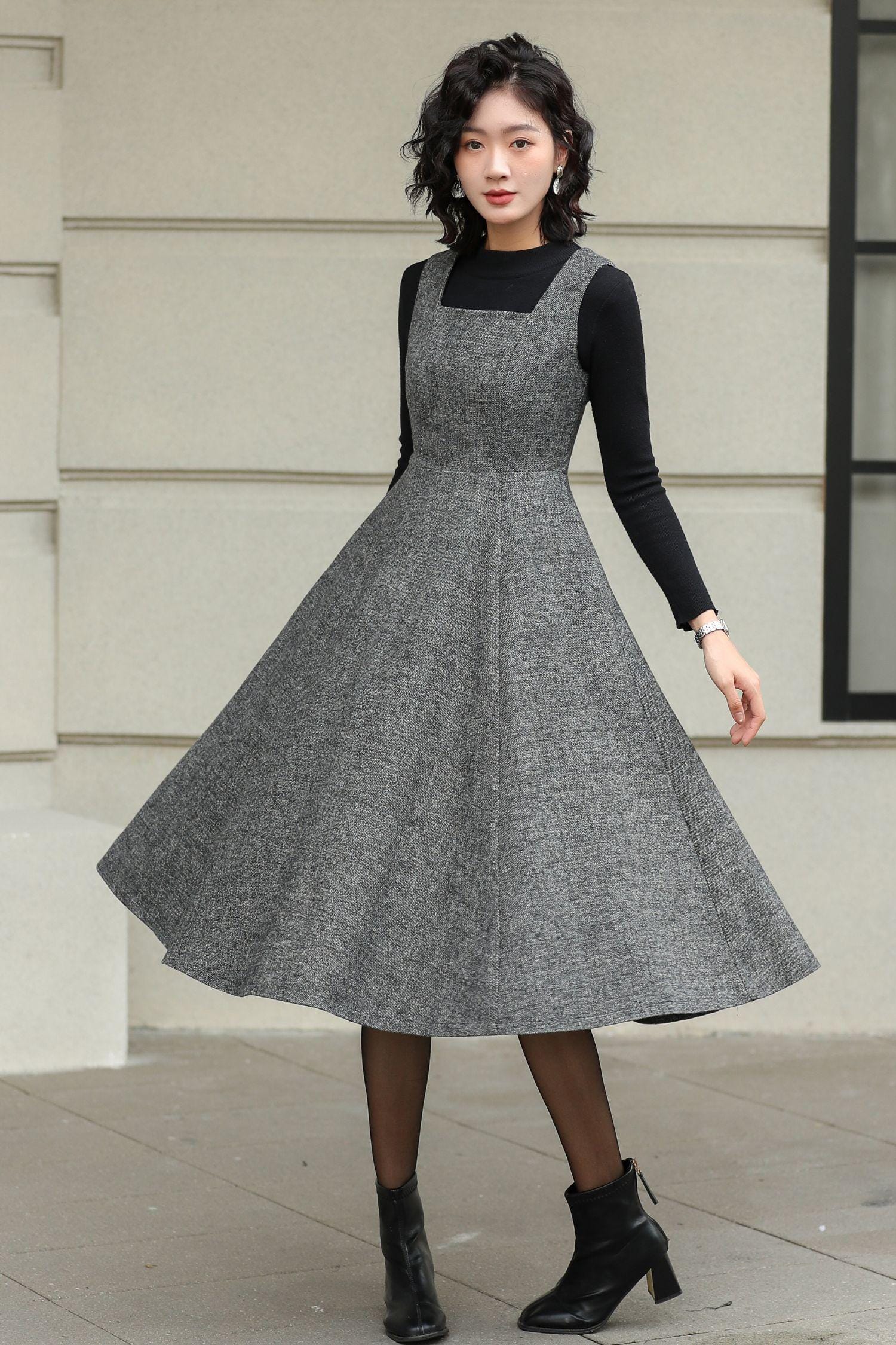 Vintage Inspired Wool Pinafore Dress: Grey Tweed A-line Midi