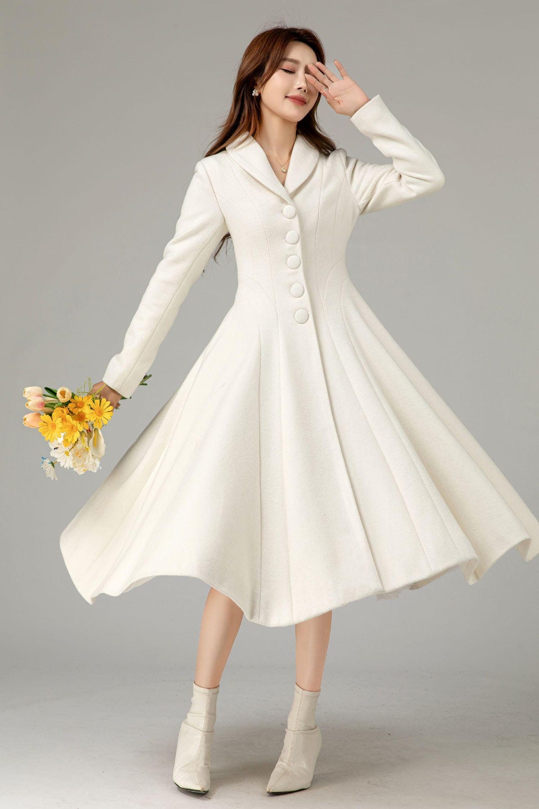 Wedding Wool Coat, White Wool Coat, Wool Princess Coat, Midi Wool Coat ...