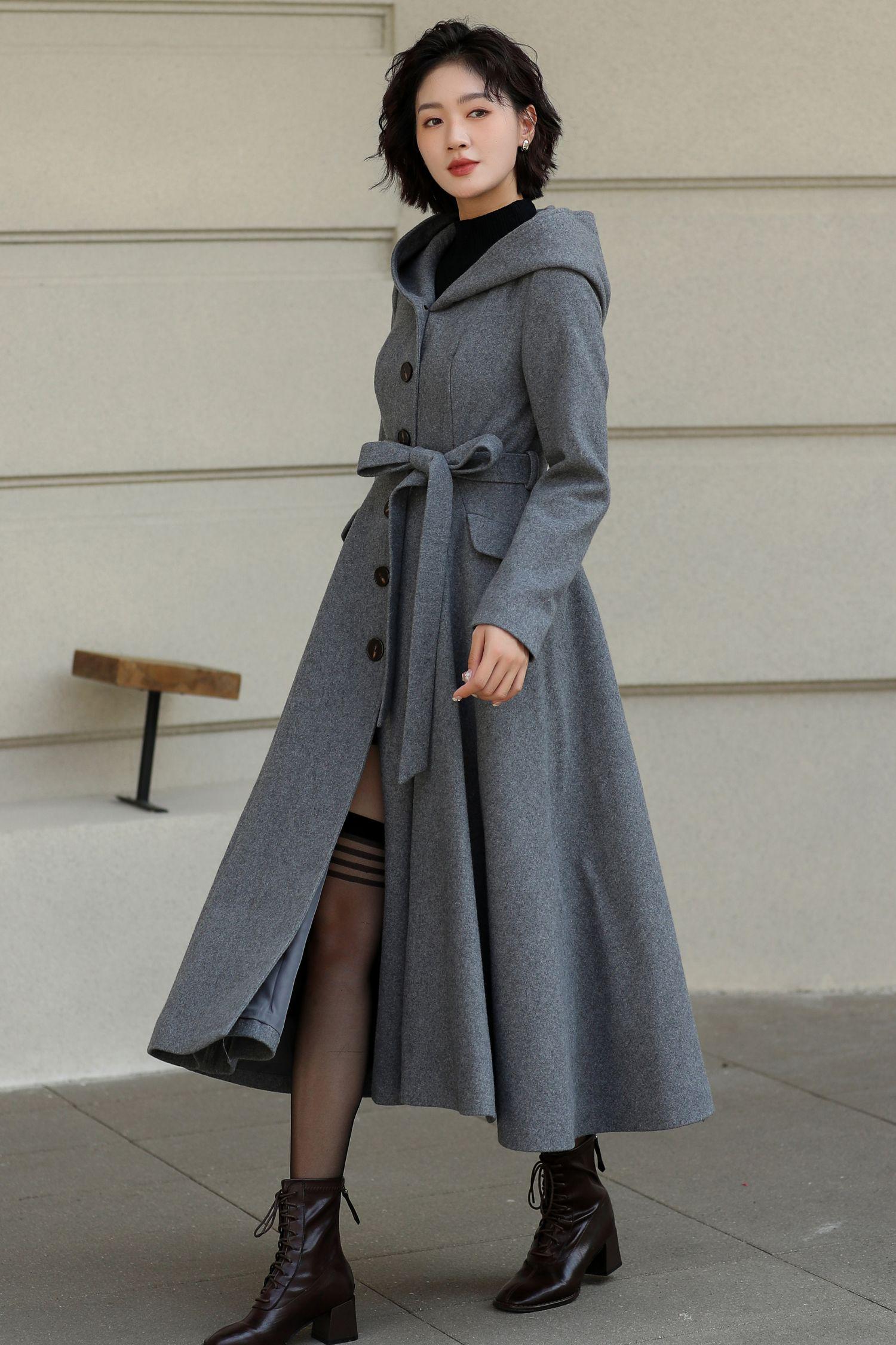 Gray Wool Maxi Coat: Hooded Belted Trench, A-line Swing, Custom  