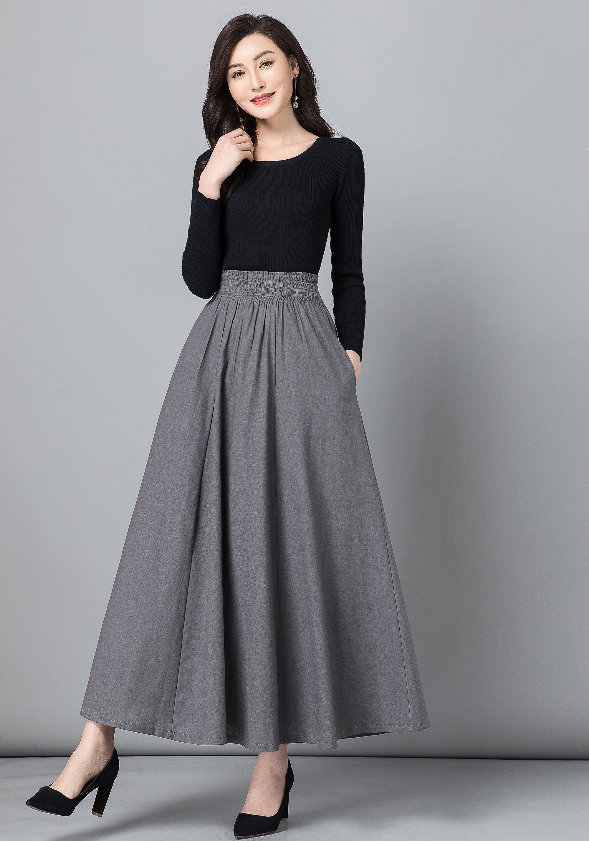 Maxi Linen Skirt, Long Linen Skirt, High Waist Long Pleated