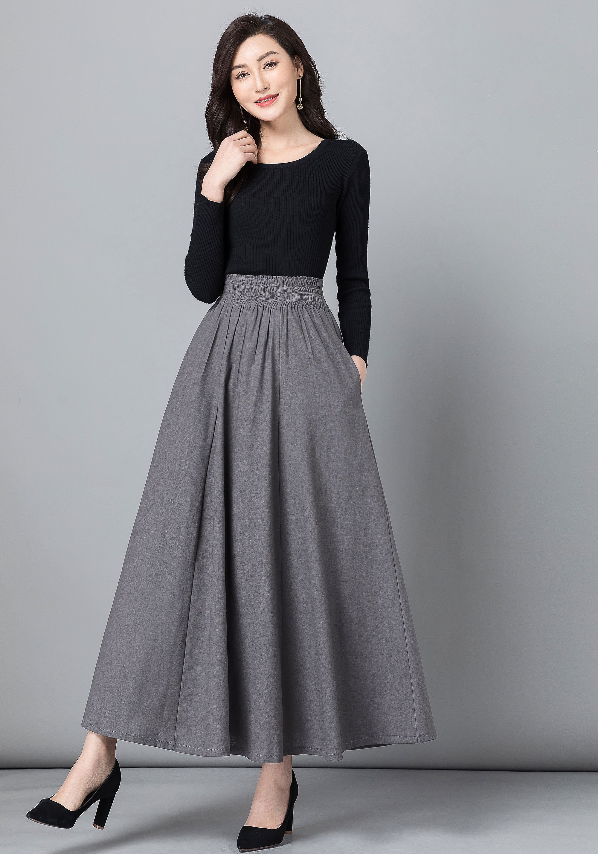 High waist Long pleated Swing skirt with pockets Gray skirt | Etsy