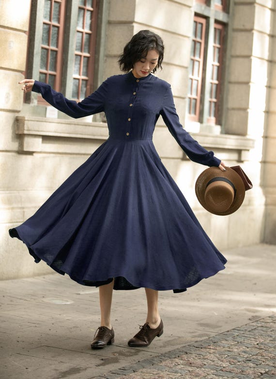 navy long sleeve swing dress Wool& Merino Wool Blend Long Sleeve Swing Dress Women XL Navy Blue  Minimalist