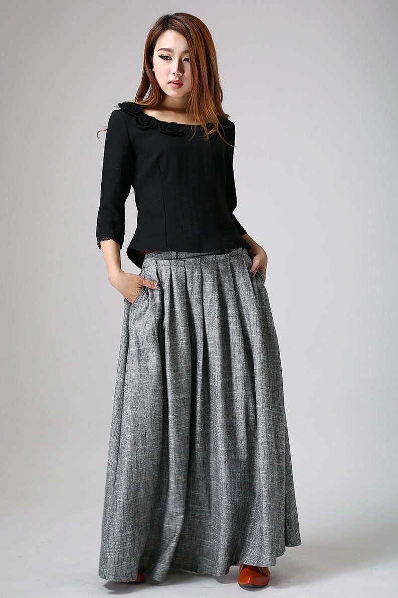 women linen maxi skirt, swing long pleated skirt, gray skirt, pockets skirt, casual skirt, xiaolizi 0911 image 8