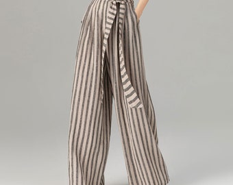 Pantalon en lin, Pantalon en lin à carreaux, Pantalon palazzo, Pantalon large, Pantalon à plis, Pantalon pour femme, Pantalon taille haute, Pantalon personnalisé, Xiaolizi 4930#