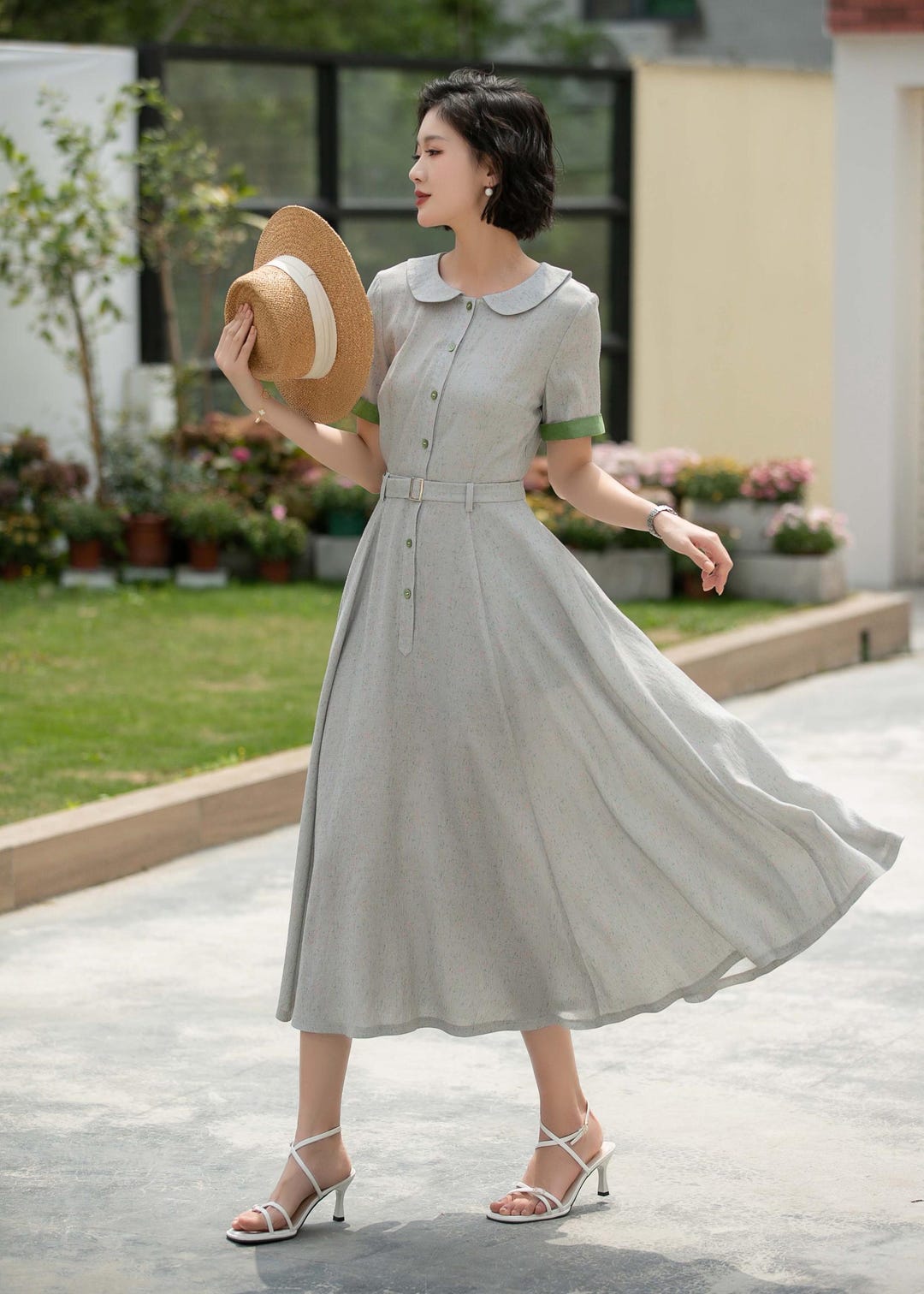 Linen Blend Midi Shirt Dress, Peter Pan Collar, Fit and Flare