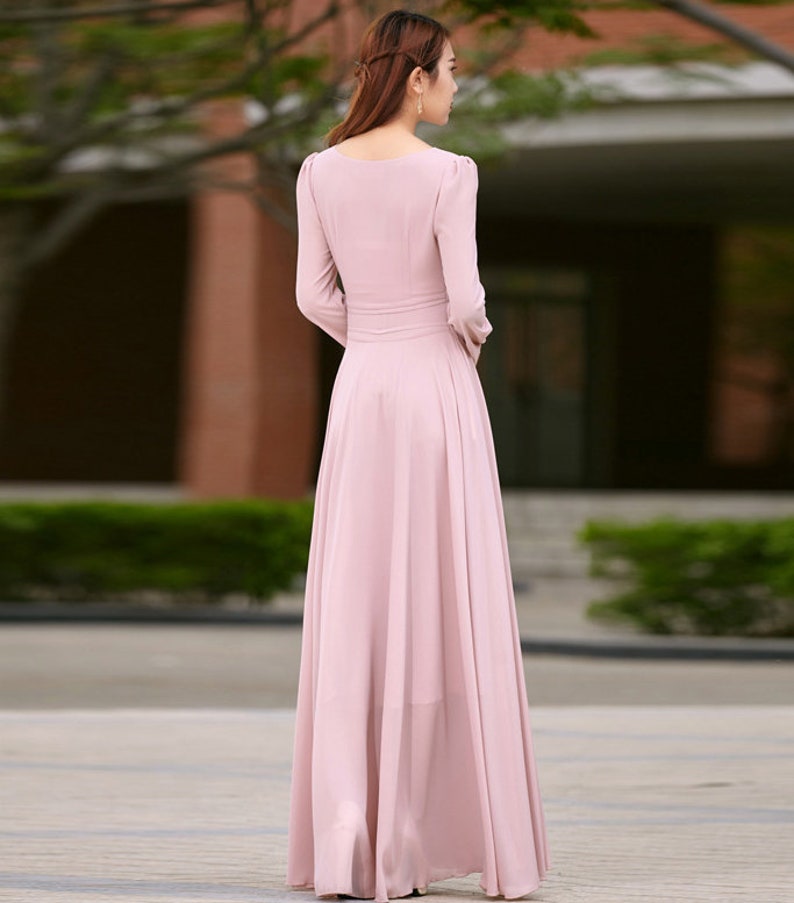 Chiffon dress, Pink dress, Long sleeve Bohemian Swing Chiffon dress, Women Summer spring Fit and Flare Chiffon Maxi dress, Custom dress 2623 image 4