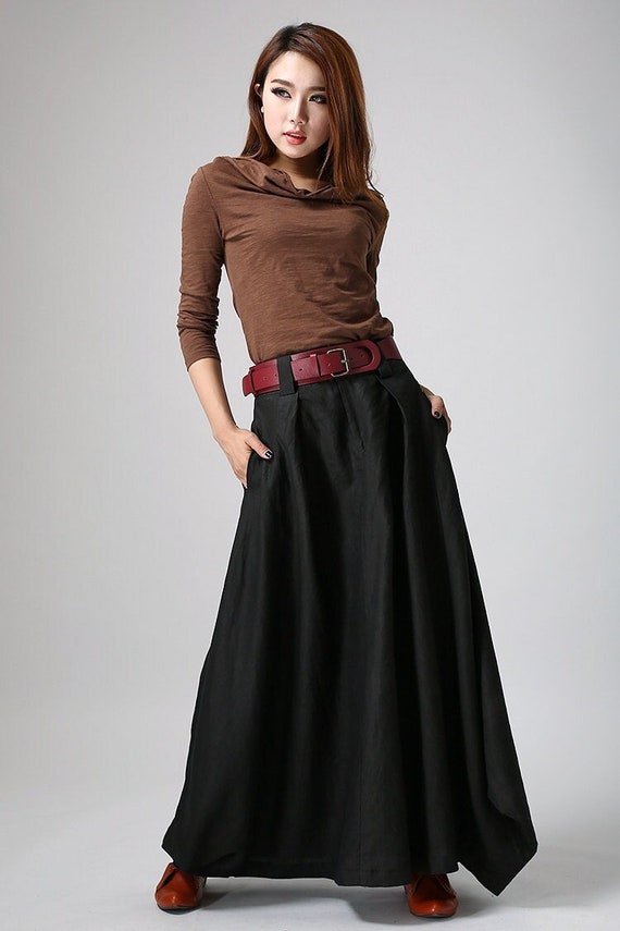 Woman maxi slong linen skirt in Black 0902# Woman maxi slong linen skirt in Black 0902#