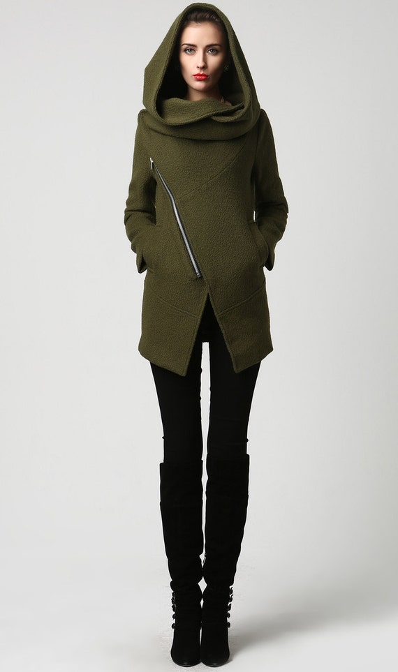 Womens Short Green Wool Coat with Oversized Hood 1128# Womens Short Green Wool Coat with Oversized Hood 1128#