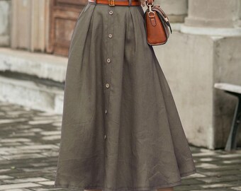 Gonna in lino da donna, gonna midi in lino, gonna a trapezio, gonna estiva in lino, gonna con bottoni sul davanti, abbigliamento da ufficio, gonna personalizzata, Xiaolizi 5993#