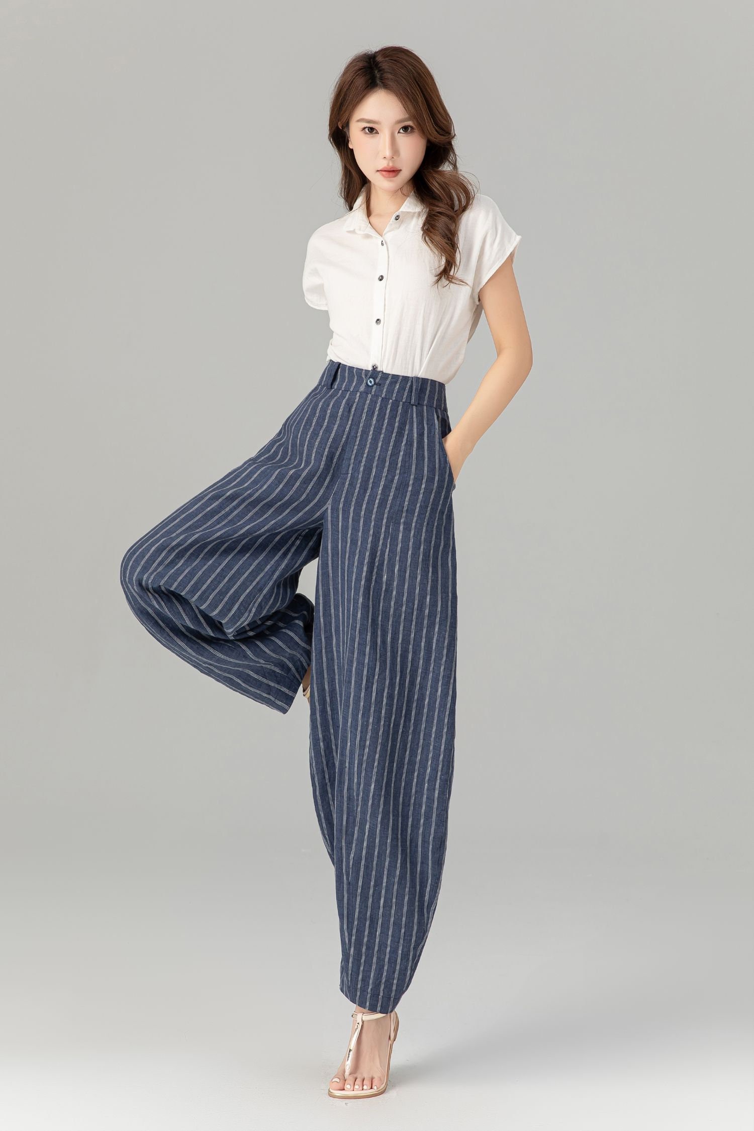 Linen Baggy Pants, Long Linen Pants, Striped Linen Pants