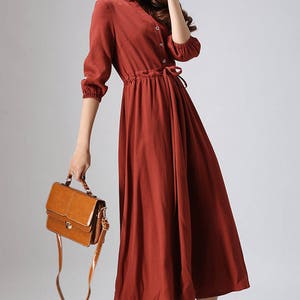Rust Red Linen Shirt Dress, Casual Linen Maxi Dress with Drawstring, Custom Long Sleeve Swing Dress, Button down Retro Fall Dress 0804 image 3
