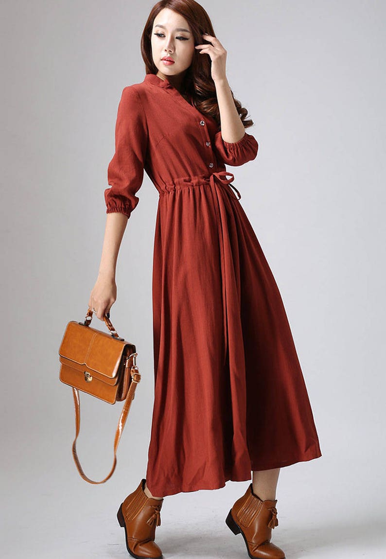 Rust Red Linen Shirt Dress, Casual Linen Maxi Dress with Drawstring, Custom Long Sleeve Swing Dress, Button down Retro Fall Dress 0804 image 3