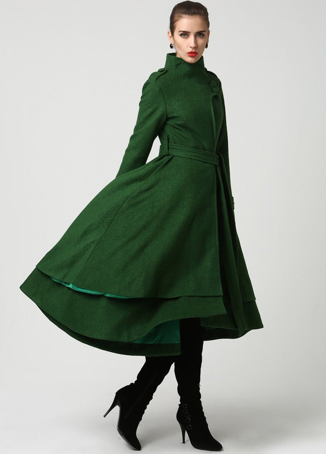 希少未使用kolor Asymmetry-shaped coat 16AW Asymmetrical Wool Coat in Green, Long Wool Coat, Gothic Coat