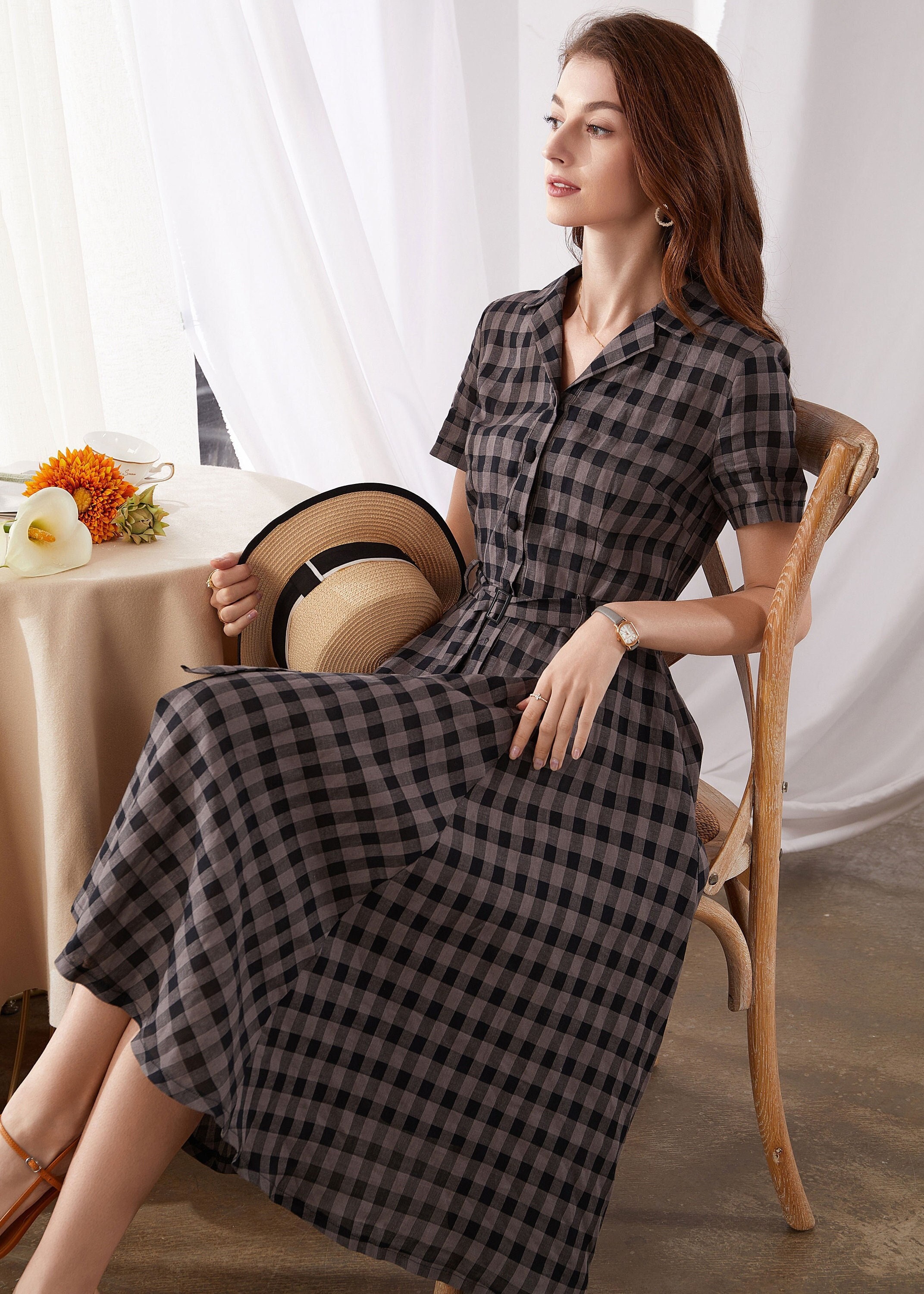Checked Linen Shirt Dress Women's Spring Summer Belted - Etsy Israel