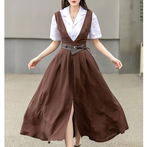 Vestido tipo delantal de lino, vestido de verano para mujer, vestido sin mangas, vestido marrón para casa, delantal de lino hecho a mano, Xiaolizi 4268#
