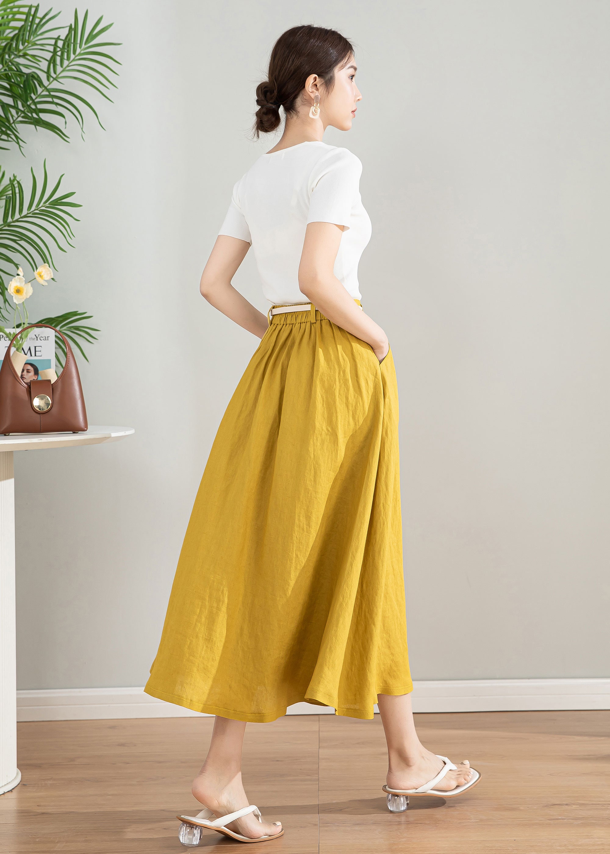 [nuuanu ] / ☆ Lysia Skirt / Yellow Yellow Linen Skirt, Womens Linen Midi Skirt, Button Front
