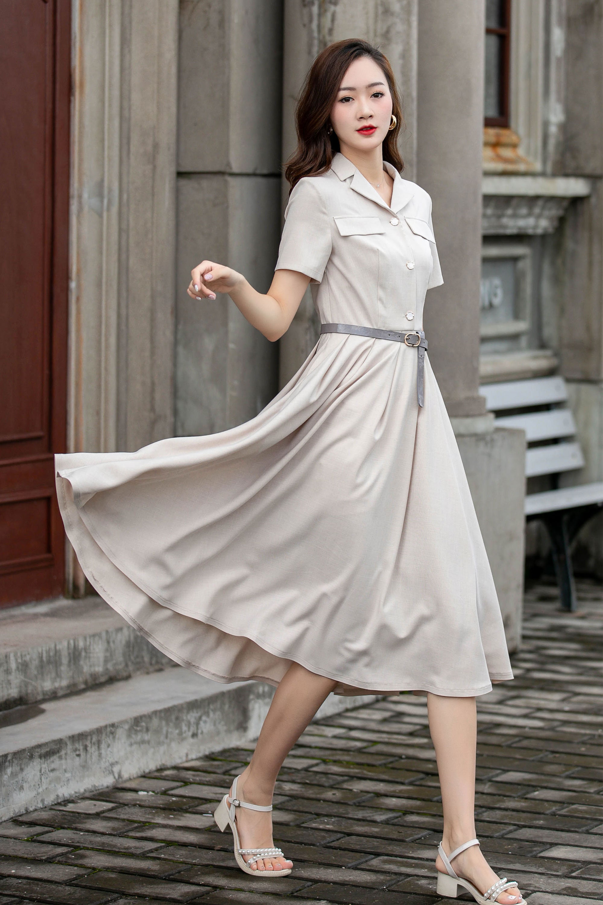 Military-inspired Dress, Short Sleeve Button up Shirt Dress, Swing