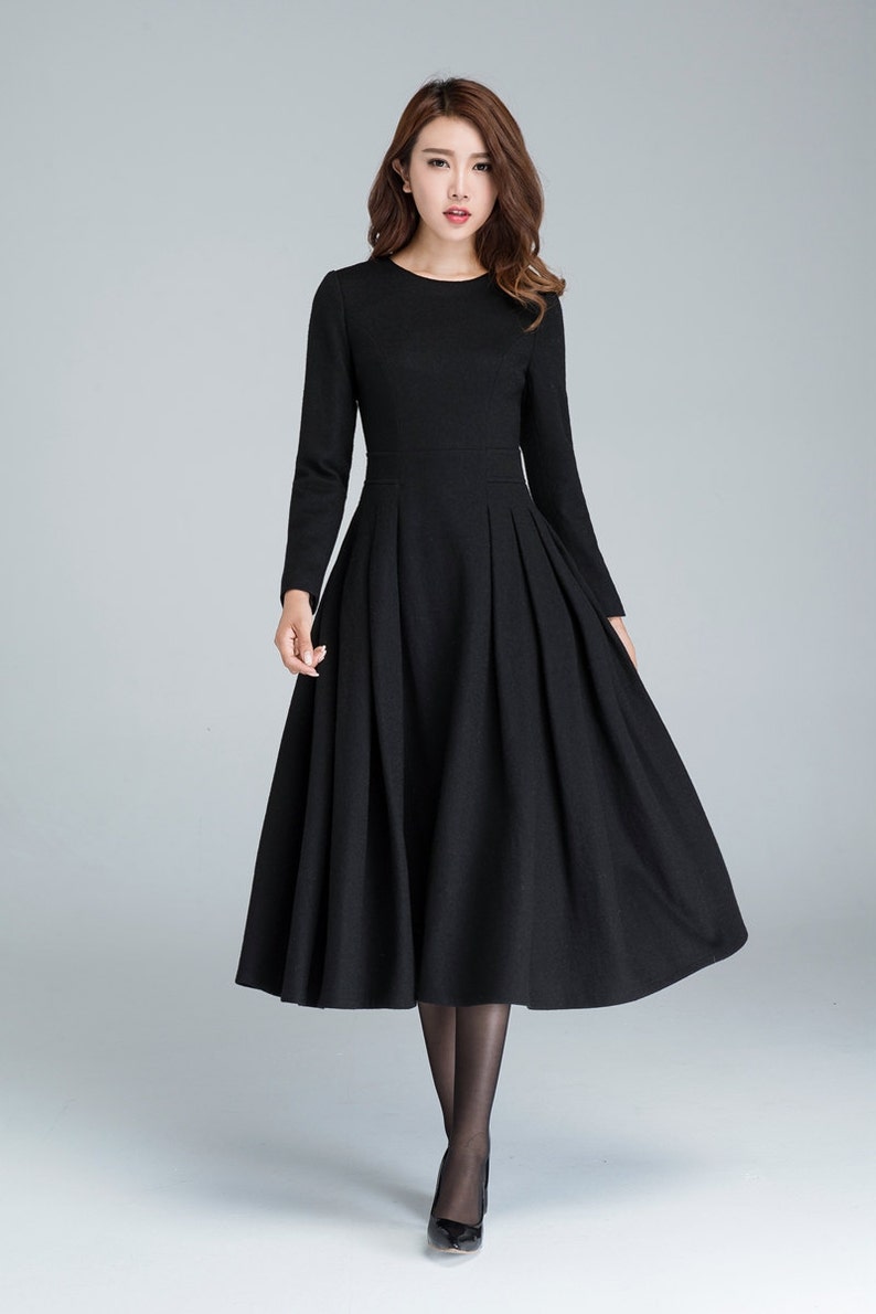 Long black dress, wool dress, winter dress, long women dresses, pleated dress, handmade dress, ladies dresses, long sleeve dress 1614 image 2
