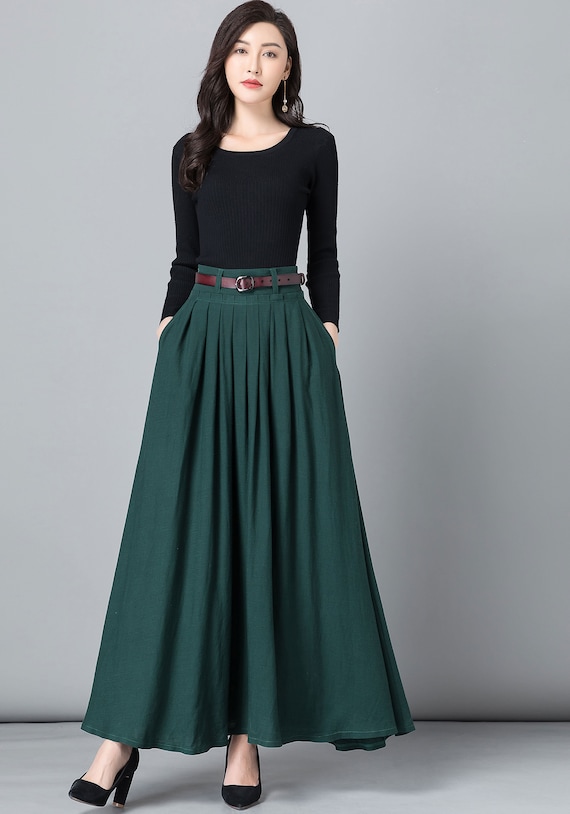 Long Maxi Skirt Work Outfit, Long Linen Skirt, High Waist Long A line  Pleated Swing Skirt With Pocket, Green Skirt, Full Skirt 2536 