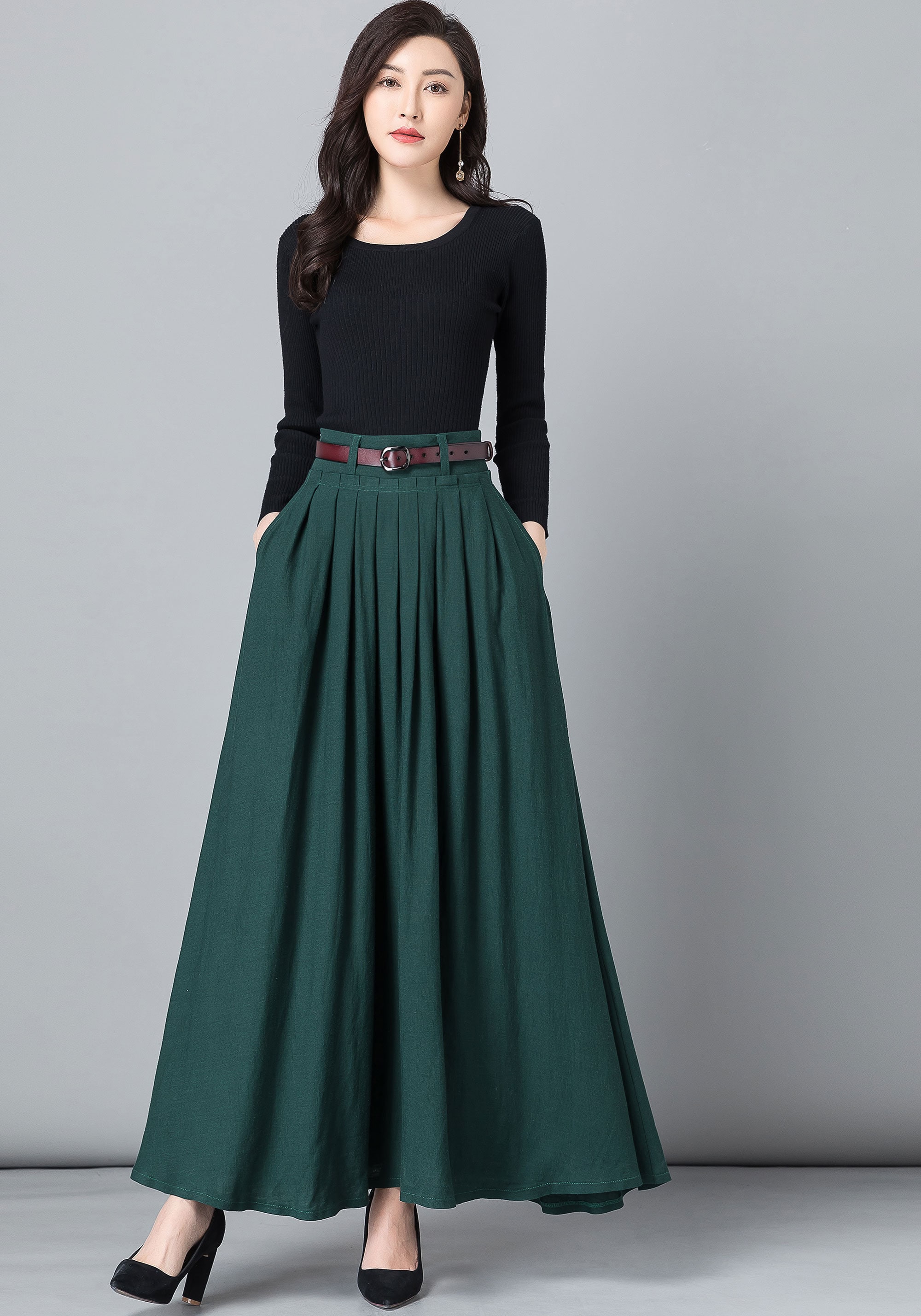 Long Maxi Skirt Work Outfit, Long Linen Skirt, High Waist Long A line  Pleated Swing Skirt With Pocket, Green Skirt, Full Skirt 2536 -  Norway