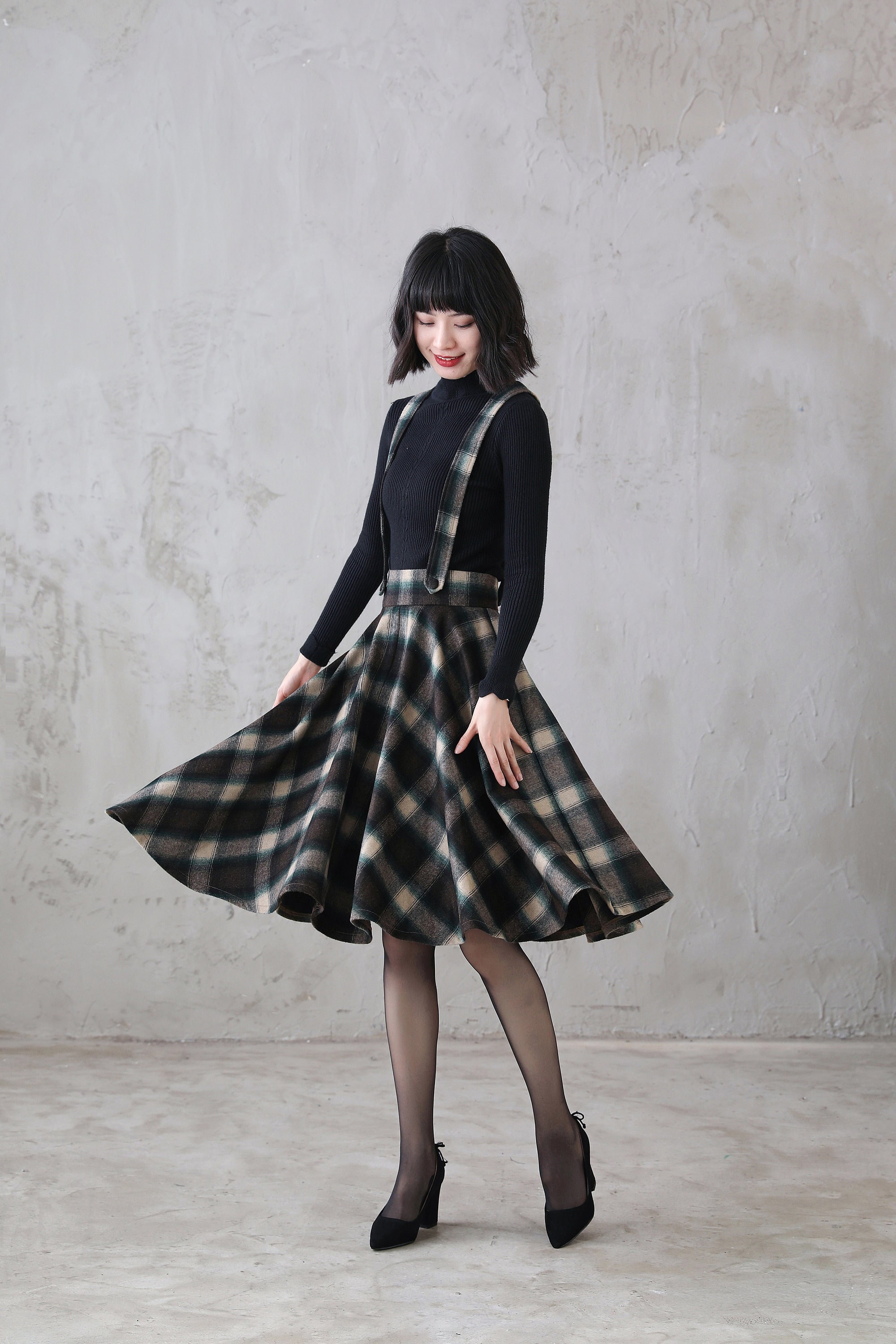 Suspender Skirt Women, Tartan Plaid Wool Circle Skirt Suspender Skirt Women, Tartan Plaid Wool Circle Skirt