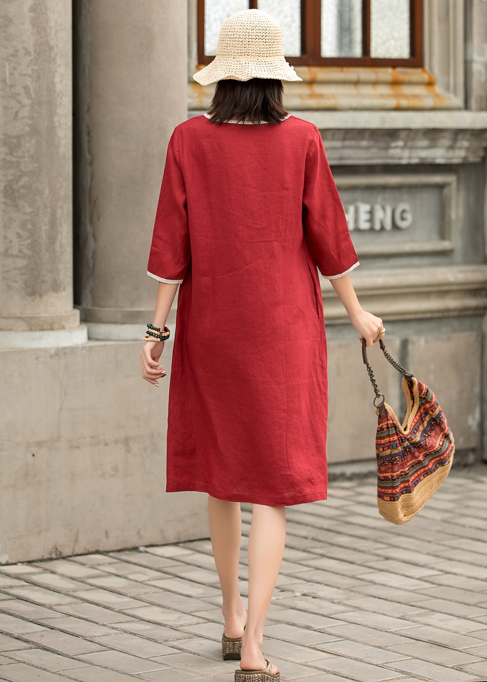 Abito Donna In Lino E Cotone Vintage - Vestito Estivo Libero Con Maniche Corte - Foto 6