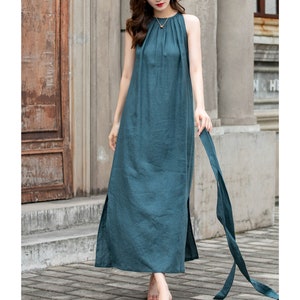 Ärmelloses langes Leinenkleid, plissiertes Leinenkleid, lose Passform Leinenkleid, Gürtel Leinenkleid, Partykleid, kundenspezifisches Kleid, Xiaolizi 4288 #