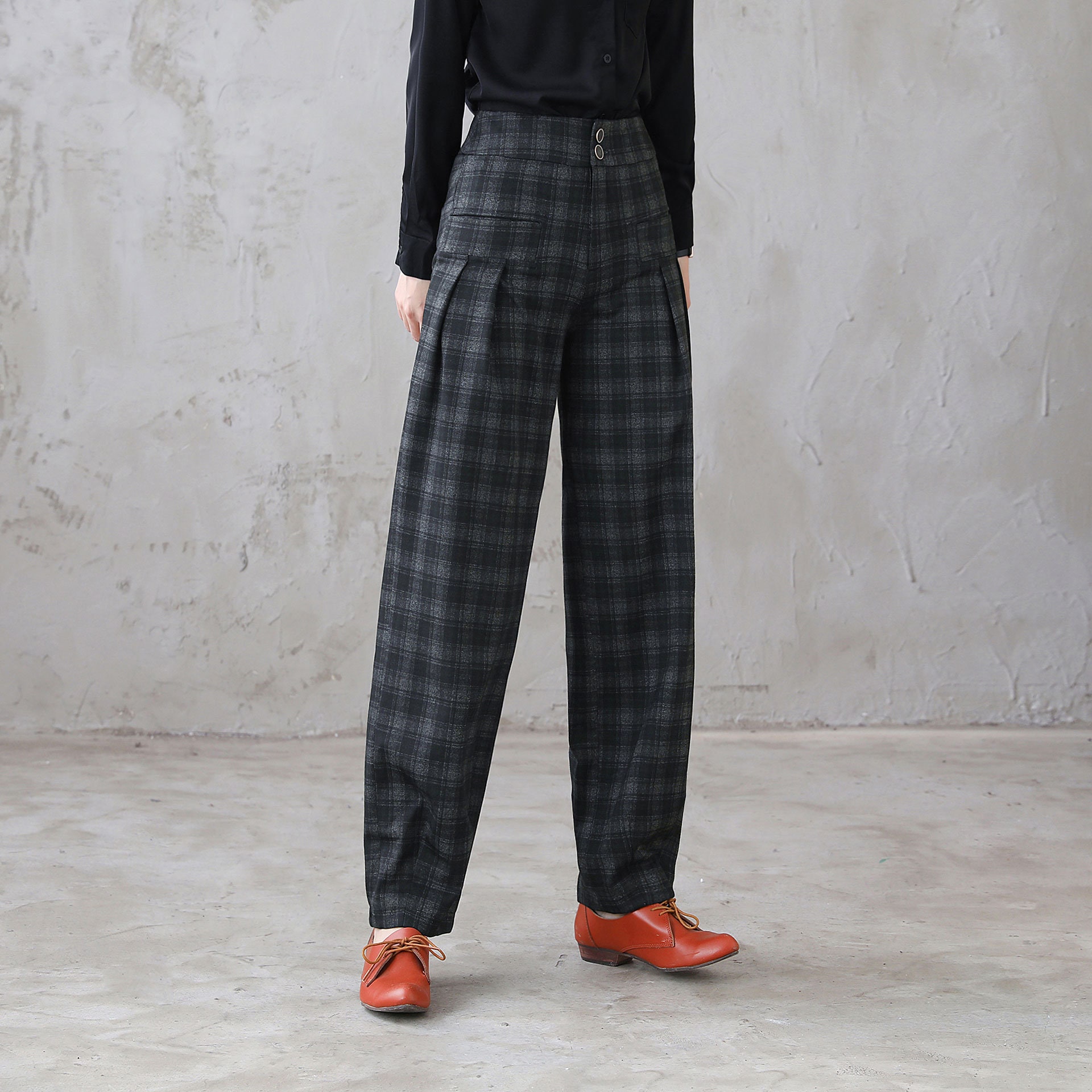 High Waist Plaid Pants Women Harem Wool Trousers Wool Tapered