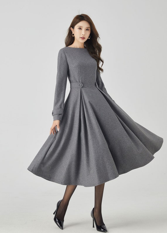Gray Wool Dress, Midi Wool Dress, Swing Long Wool Dress for Women