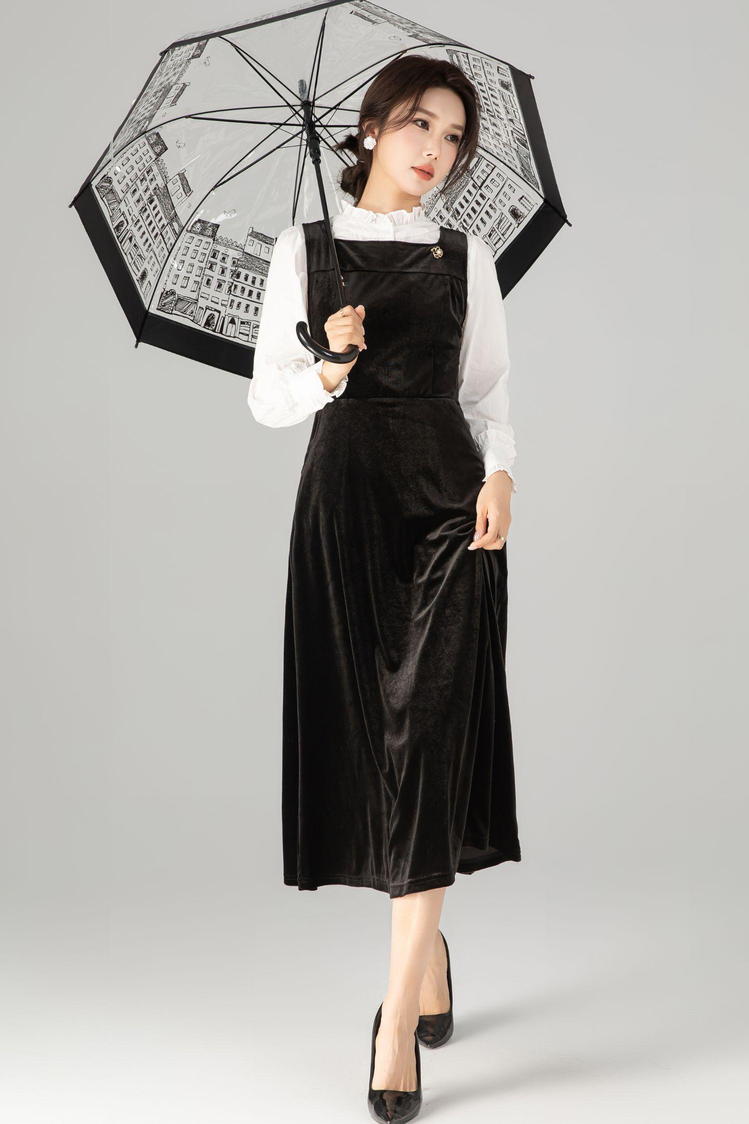 Women's Vintage Inspired Corduroy Midi Pinafore Dress for Women, Black Midi Sleeveless Velvet Dress, A-Line Handmade Dress, Xiaolizi 5717#