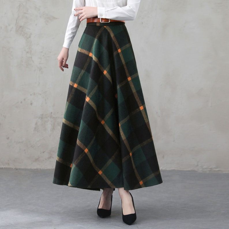Green Long Wool Plaid Skirt, Maxi Wool Skirt with Pockets, Tartan Skirt, Vintage Swing A Line Skirt, Full Fall Winter Skirt, Xiaolizi 4000 image 2