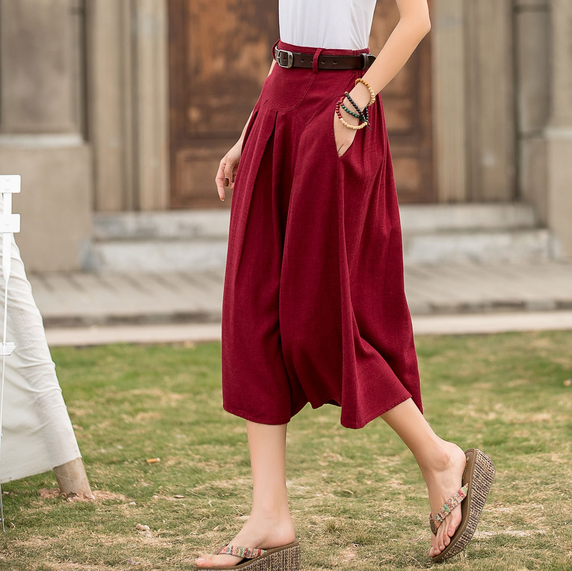 Womens Clothing Skirts Mid-length skirts Red Fil De Vie Medina Linen Midi Dress in Burgundy 