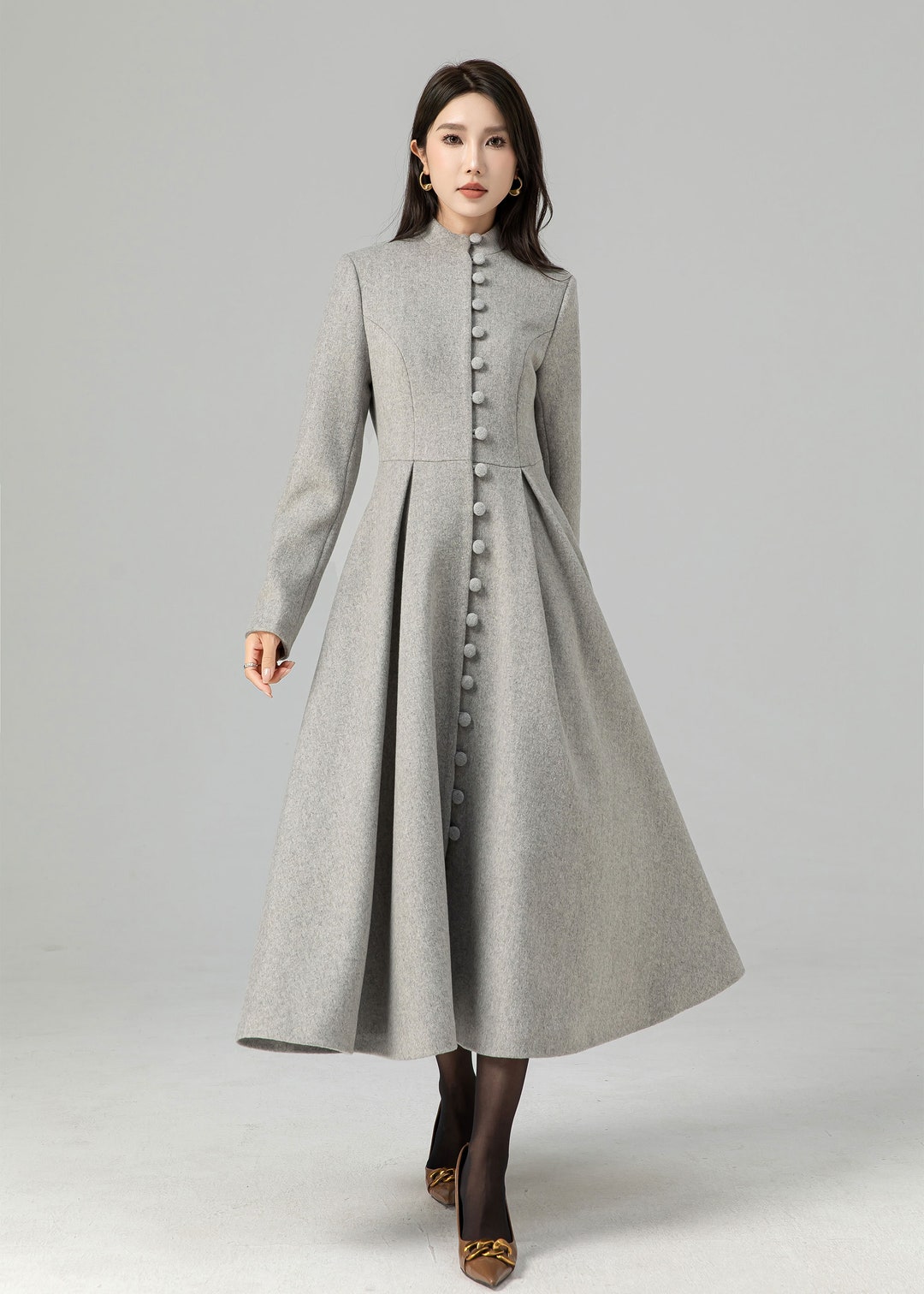 Long Wool Coat, Grey Wool Coat, Single Breasted Wool Coat, A