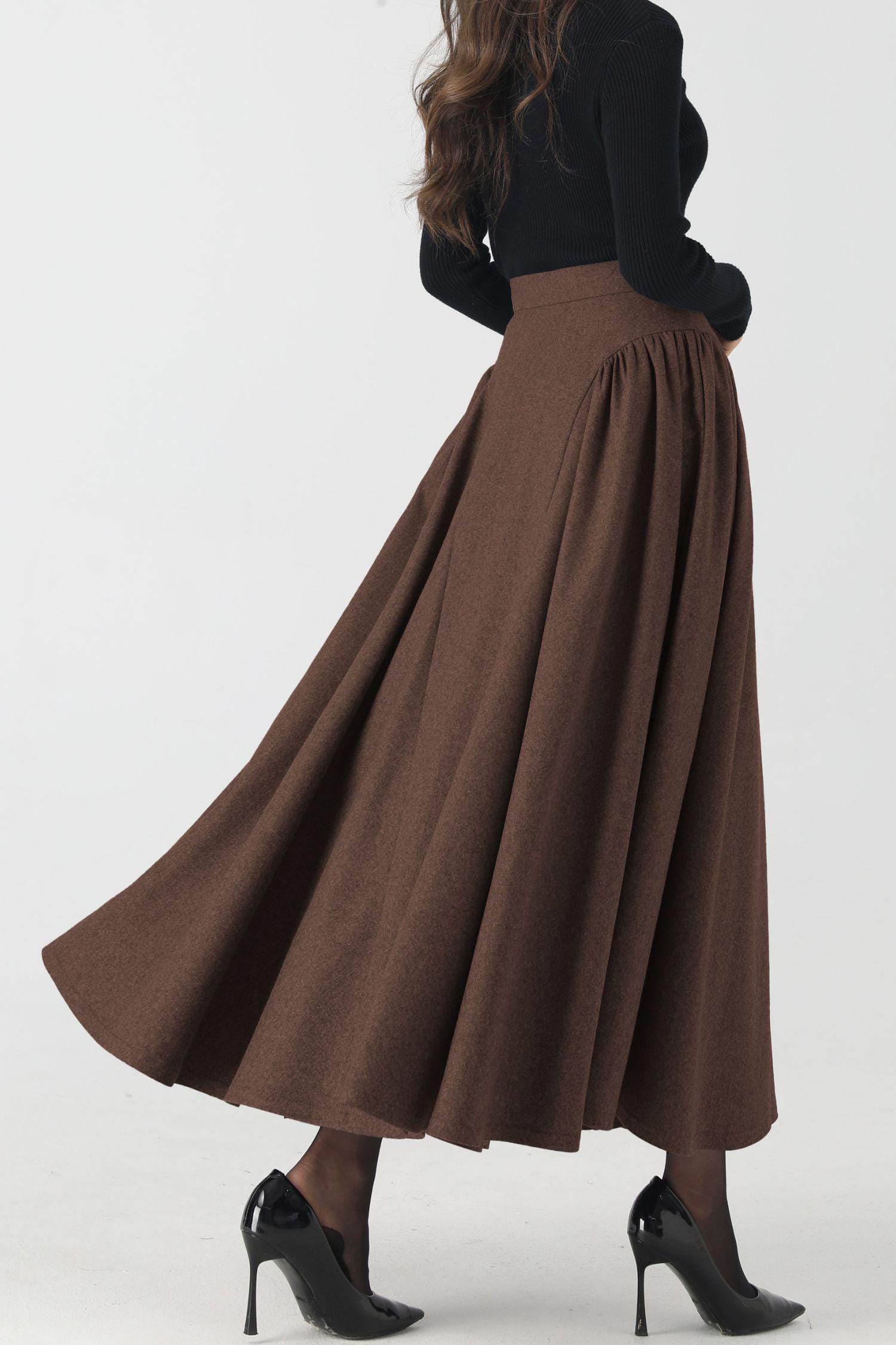Brown Wool A-line Skirt: Button Front Midi, Plus Size, Weekend